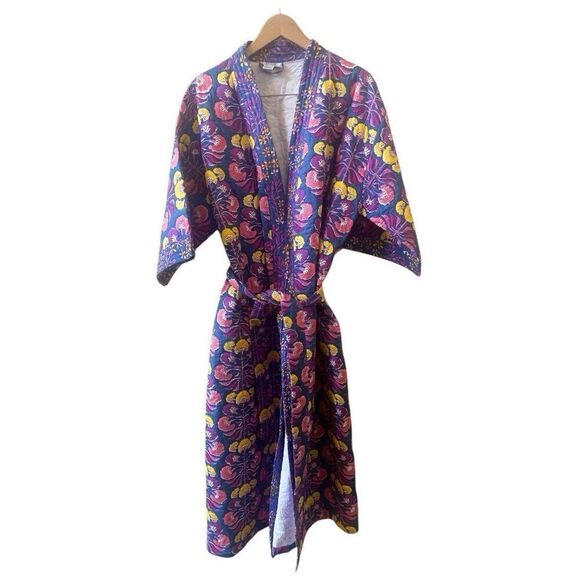 Vtg 60s 70s Bullocks Wilshire Kimono Robe One Size Purple Floral Quilted Pockets - Picture 1 of 11